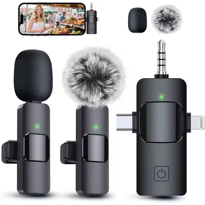 2-in-1 Dual Wireless Clip-On Microphone with Noise Reduction & One-Touch Recording – USB-C Rechargeable, 360° Omnidirectional