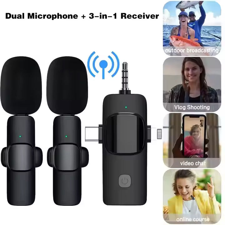 2-in-1 Dual Wireless Clip-On Microphone with Noise Reduction & One-Touch Recording – USB-C Rechargeable, 360° Omnidirectional