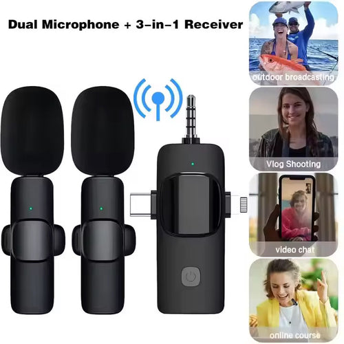 2-in-1 Dual Wireless Clip-On Microphone with Noise Reduction & One-Touch Recording – USB-C Rechargeable, 360° Omnidirectional