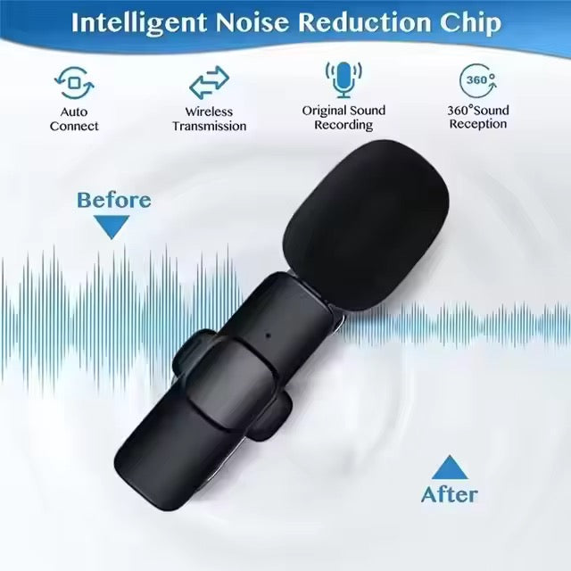 2-in-1 Dual Wireless Clip-On Microphone with Noise Reduction & One-Touch Recording – USB-C Rechargeable, 360° Omnidirectional
