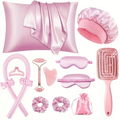 12 Pcs Pink Satin Beauty Sleep Set – Bonnet, Pillowcase, Eye Mask, Heatless Curls & Face Roller