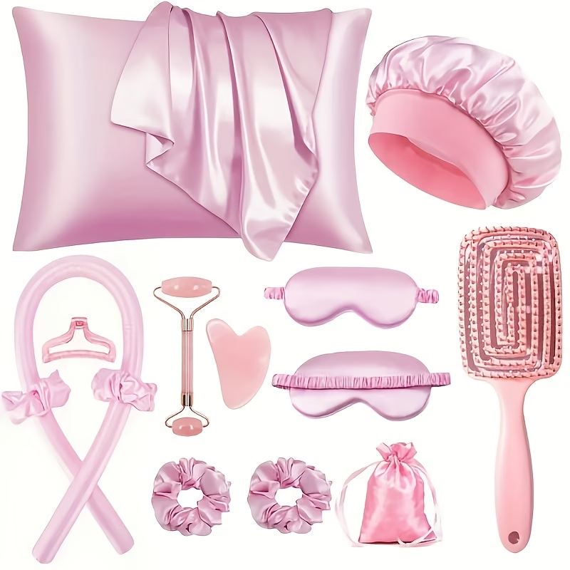 12 Pcs Pink Satin Beauty Sleep Set – Bonnet, Pillowcase, Eye Mask, Heatless Curls & Face Roller